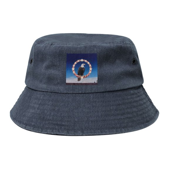 Patriotic Stars And Stripes Eagle Wreath Washed Bucket Hat For Men Women Denim Bucket Hat Sun Hat Cowboy Fishing Beach Hat