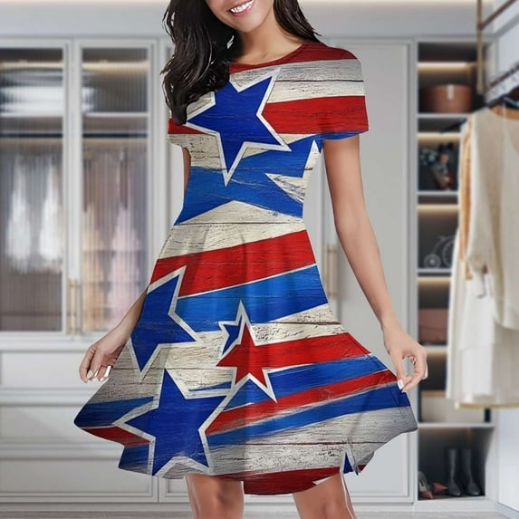 Patriotic Stars And Stripes Pattern Women's Classic Swing Skater Dress Casual Work Party Cocktail Dresses