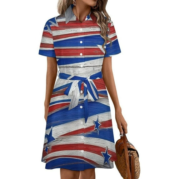 Patriotic Stars And Stripes Pattern Womens Shirt Dresses Women'S Short Sleeve Dress Turn-Down Collar Dress A Line Casuall Dress Oversize(XS-6XL)