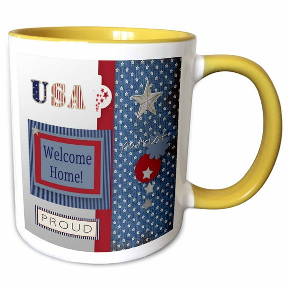 3drose, Patriotic Stars and Words in Blue, Silver, White and Red, Welcome Home, 15oz Two-tone Yellow Mug