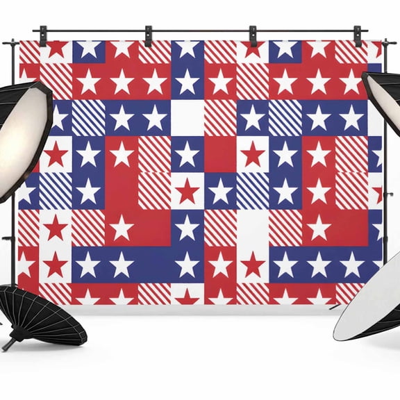 Patriotic Stars Backdrops for Photography, Blue Red Grid Independence Day Fabric Photo Background Sturdy Studio Props for Photo Studio, Video Recording, Booth & Photoshoot 7x5ft