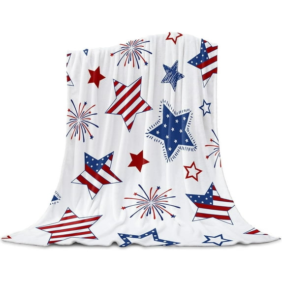 Patriotic Stars Blanket 4th of July Blanket Fleece Soft Lightweight Bed Blanket Fireworks USA Flag Red White and Blue Flannel Blanket for Independence Day Gifts Memorial Day 40" x 50"