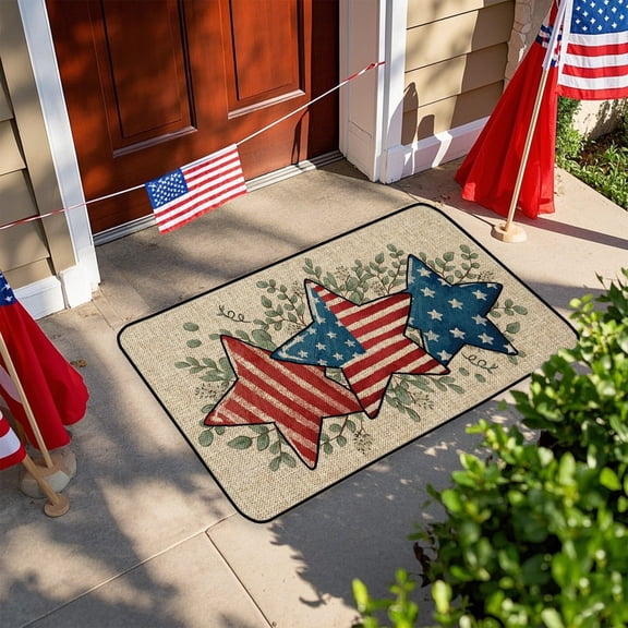 Patriotic Stars Eucalyptus Door Mat, Rustic American Flag Design Indoor Outdoor Entrance Rug, Washable Non-Slip Floor Mat for Farmhouse Kitchen Bathroom Entryway, 4th of July
