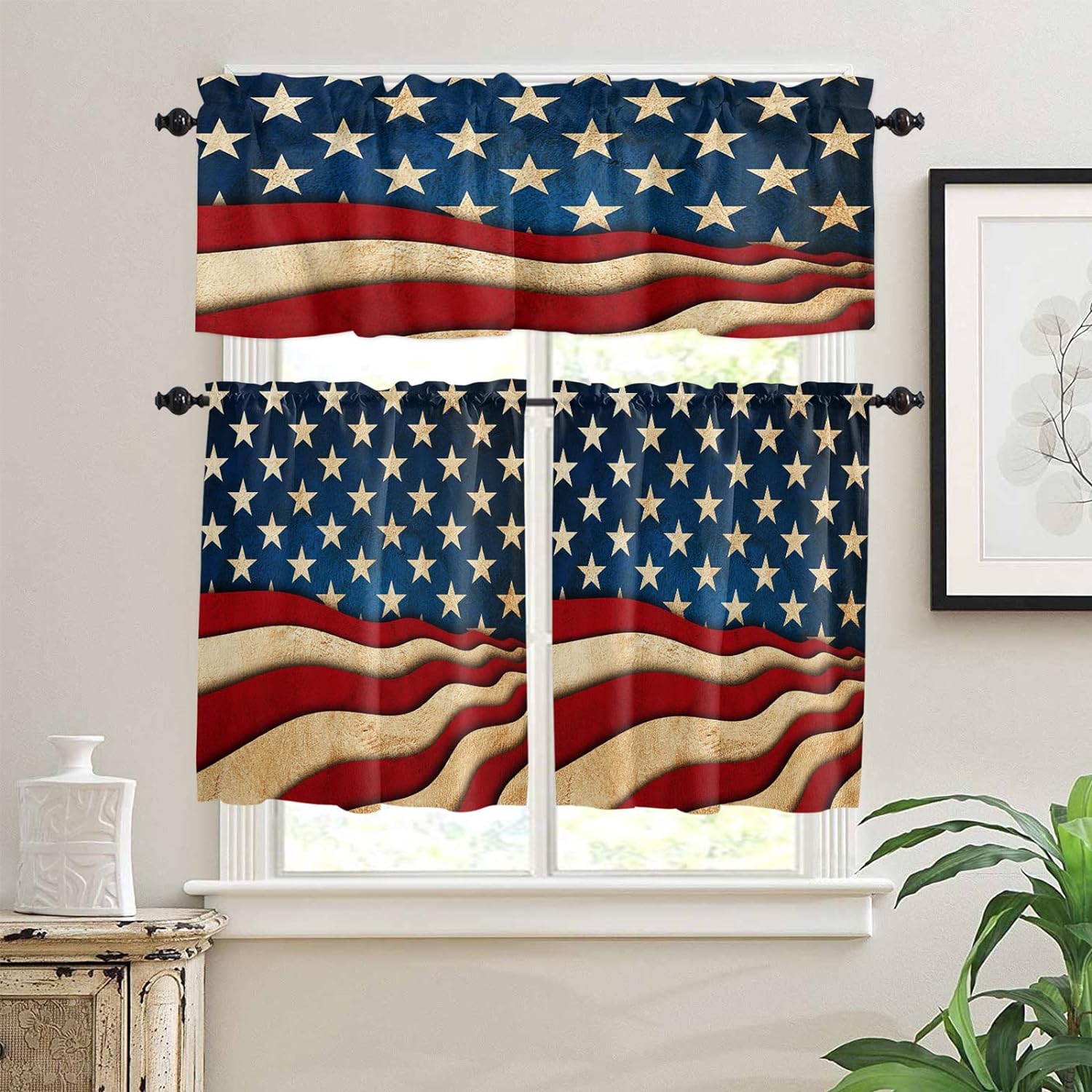 AAtter Red And Black Kitchen Curtain Set - 3 Piece Valance & Tiers, Burgundy Ombre Striped - View #3