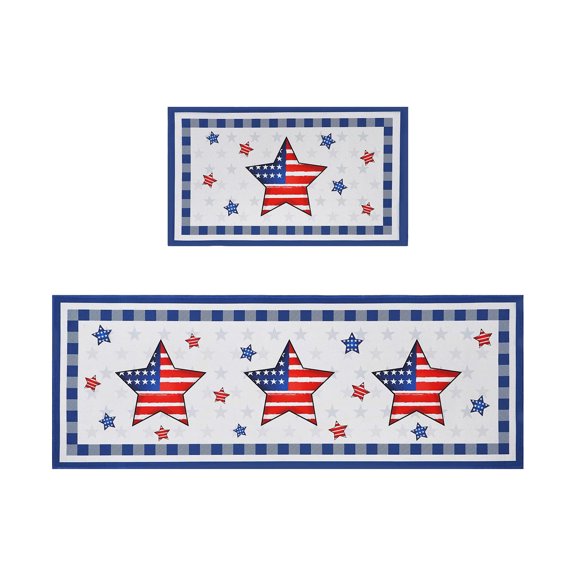 Patriotic Stars Kitchen Rugs Set of 2, Freedom American Flag Kitchen Mats for Floor, Retro Blue Buffalo Plaid Kitchen Decor, Non-Slip Washable Area Rugs for Kitchen Sink Laundry