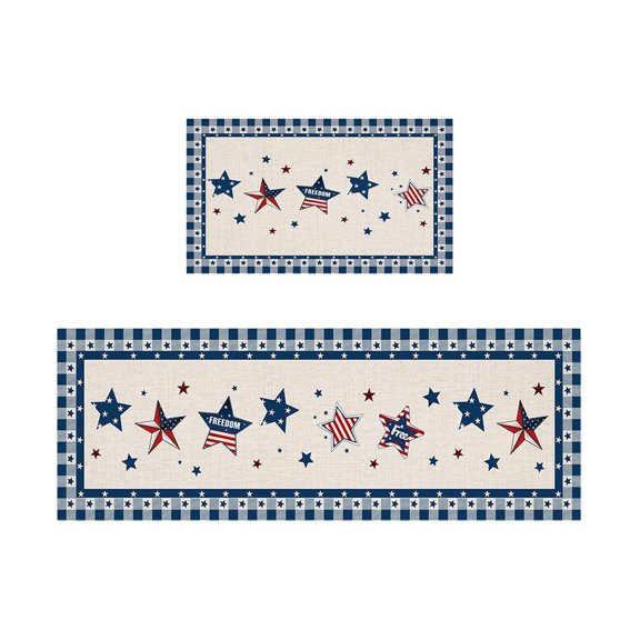 Patriotic Stars Kitchen Rugs Set of 2, Freedom American Flag Kitchen Mats for Floor, Retro Blue Buffalo Plaid Kitchen Decor, Non-Slip Washable Area Rugs for Kitchen Sink Laundry