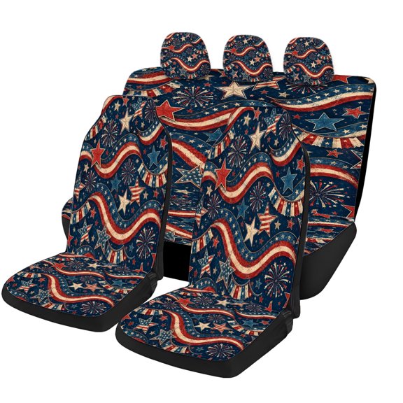 Patriotic Stars and Stripes Car Seat Covers Full Set, Universal Auto Seat Covers with Front Seat Covers, Rear Bench Cover and Headrest Covers for Cars SUVs Trucks Vans, Red White Blue Interior Access