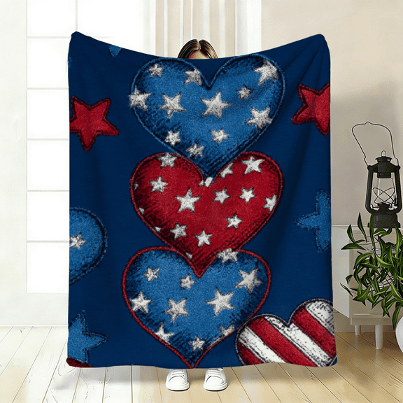 Patriotic Stars Stripes Flannel Throw Blanket - Soft Warm Cozy 2D Flat Printed Design with Red White Blue Hearts Stars, Machine Washable All-Season Blanket for Home, Bedroom, Office, Travel, Camping