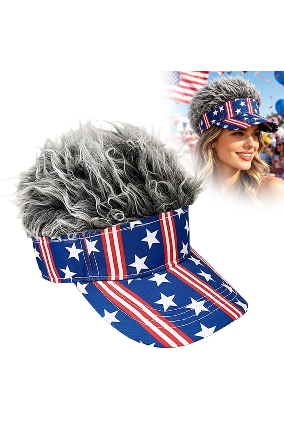 Patriotic Stars Stripes Visor Cap with Wig Adjustable Baseball Cap USA Flag Hat with Fake Hair Independence Day 4th of July Veterans Day Party Costume Golf Outdoor Accessories Adult