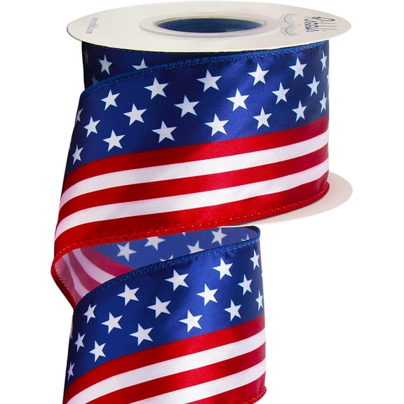 Patriotic Stars and Stripes Wired Satin Ribbon,American Flag Ribbon 2-1/2 Inch x Continuous 10 Yard,Red/White/Blue,4th of July Ribbon for Big Bow,Wreath,Tree Decoration