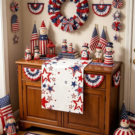 Patriotic Stars Table Runner , Red and Blue Star Pattern Table Runner for 4th of July, Memorial Day, National Holidays, Perfect for Home, Party, Kitchen, Mantel, Dining Decorations