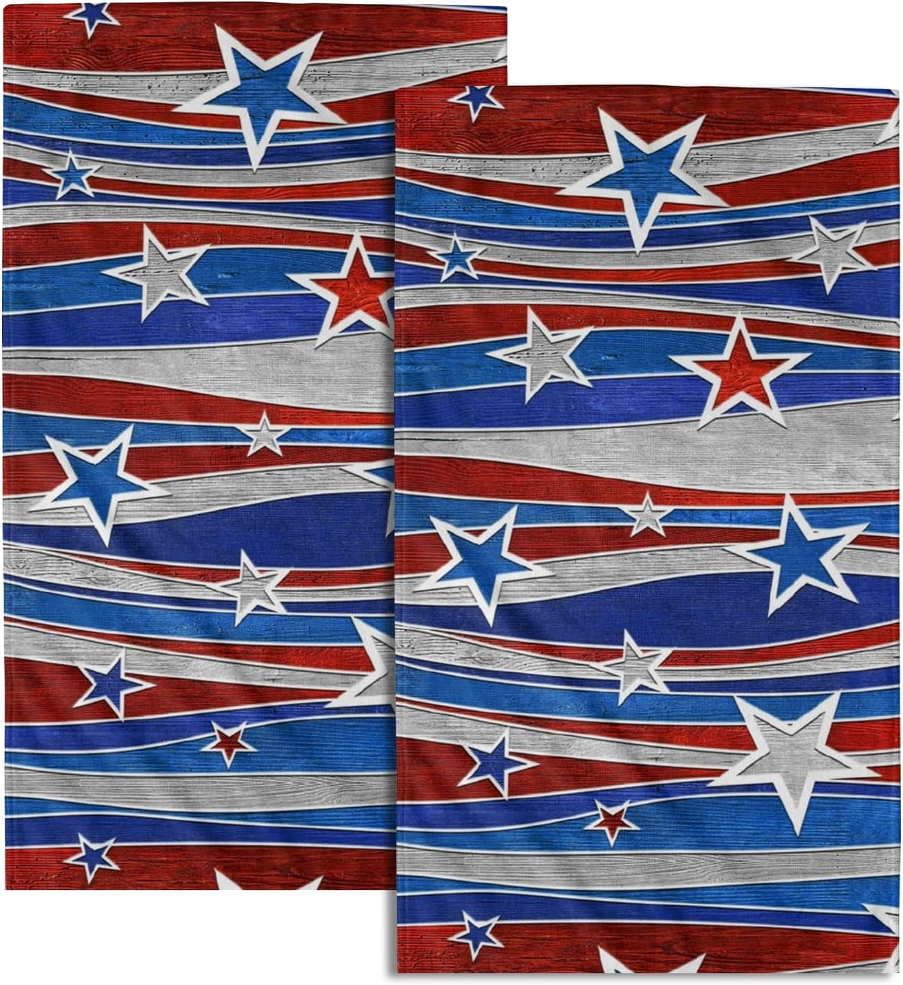 Patriotic Stars Towel Set of 2, American Flag Red Blue White Striped
