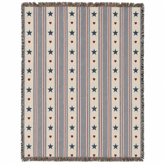 Patriotic Stars and Hearts Woven Cotton Throw Blanket with Fringe, Made in USA