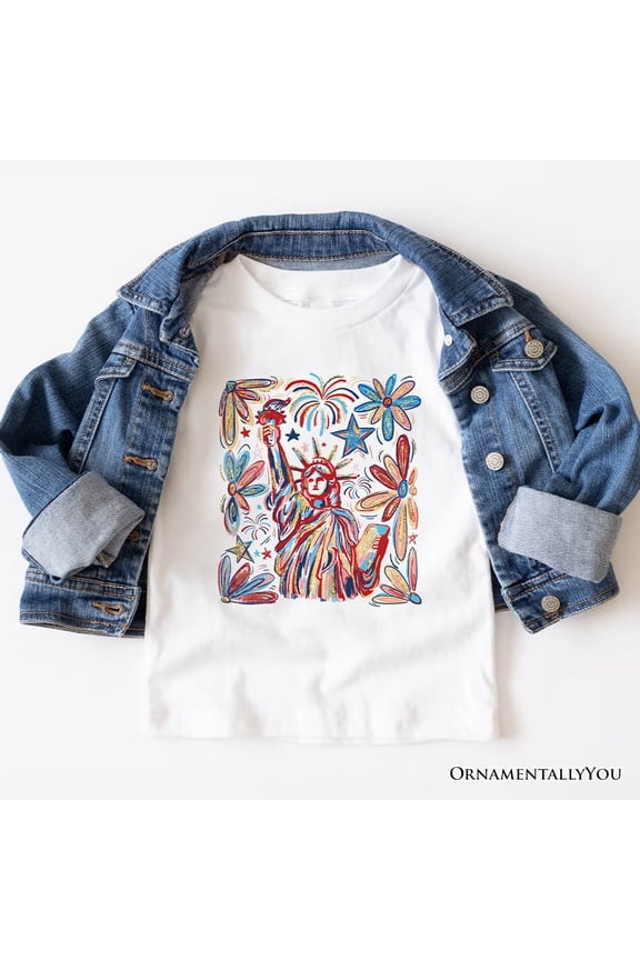 Patriotic Statue of Liberty and Fireworks T-Shirt, Festive 4th of July Tee