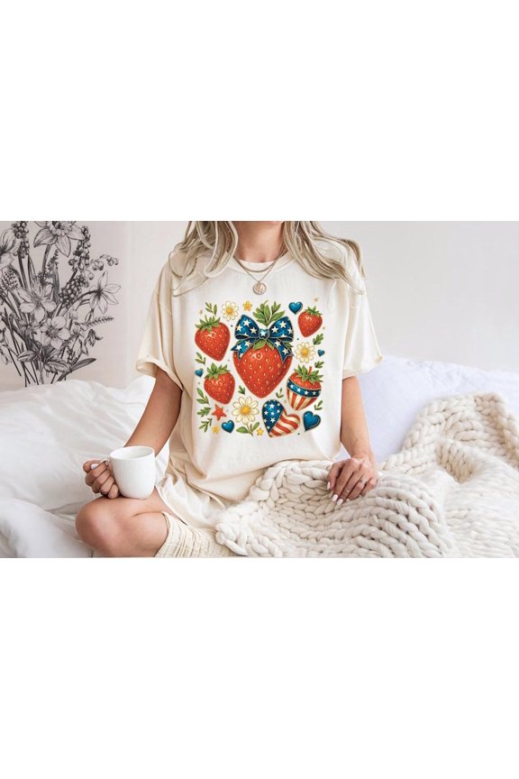 Patriotic Strawberry Bow Semiquincentennial T-Shirt, Boho 4th of July Shirt, Red White Blue Berry Graphic Tee, Vintage USA Independence Day Shirt, Comfort Colors Unisex Cotton T-Shirt S-3XL