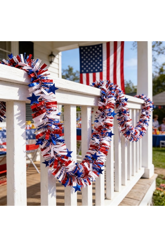 Patriotic Streamers, Red White Blue Star Accent Tinsel Decor for Indoor Railing & Outdoor 4th of July Party Arrangement, Hanging Garlands