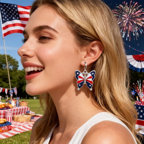 Patriotic Stripe Dangle Earrings for Women 4th of July, Red White Blue Metal Heart Drop Earrings, Independence Day Patriotic Earrings Decoration Gift