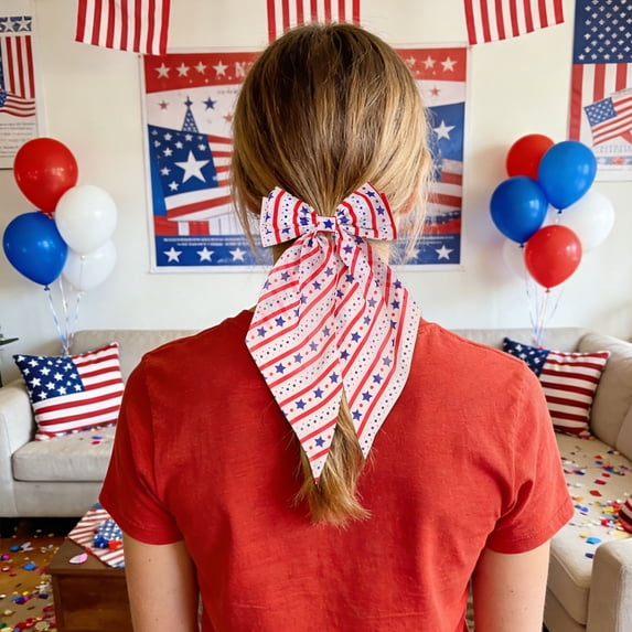 Patriotic Striped Star Soft Tulle Bow Hair Clip, 4Th Of July Red White Blue Star & Stripe Hair Bow, Independence Day Hair Barrette For Women, Parade, Festival, Costume Party & Photo Shoot