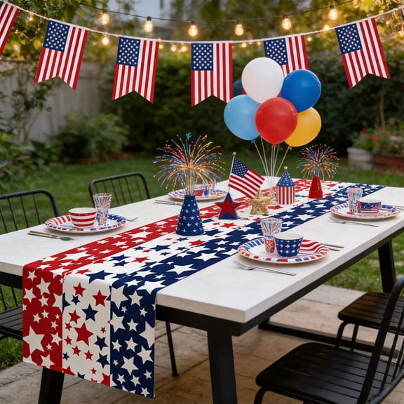 Patriotic Stripes Tabletop Collection, Stain Resistant & Waterproof, Table Runner, 13x72, Red, White, & Blue