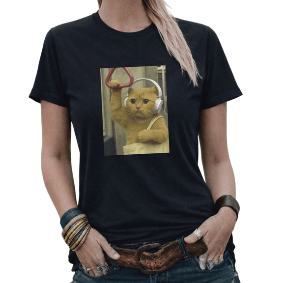 Patriotic Subway Cat with Headphones Graphic Tees Women's Funny Cat Tshirt Tops S-5XL