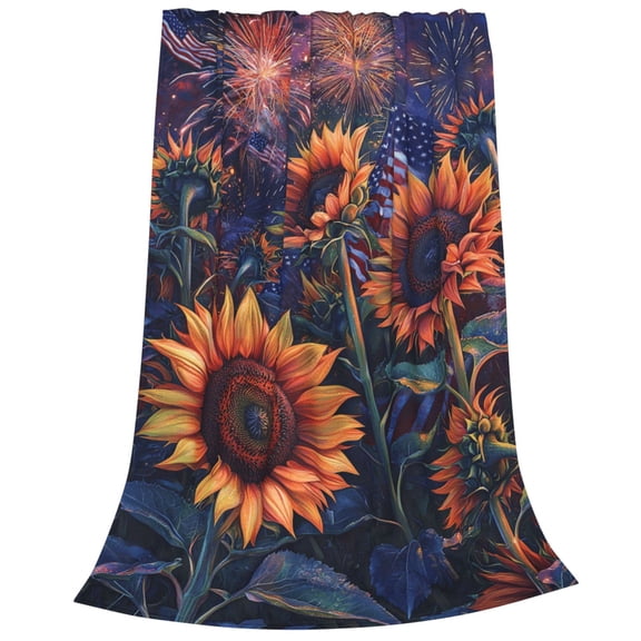 Patriotic Sunflower American Flag Flannel Blanket - Fourth of July Fireworks Fleece Throw for Bed Couch, Holiday Decor 50x40