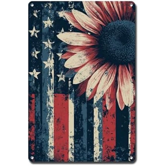 Patriotic Sunflower American Flag Metal Tin Sign, 12 x 8 Inch Vintage USA Wall Decor for Home, Porch, Garden, Yard, Farmhouse, Independence Day Decoration