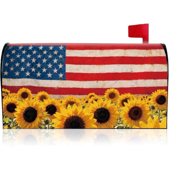Patriotic Sunflower Magnetic Mailbox Cover, America Flag Magnetic Mailbox Cover Standard Size, USA Floral Patriotic Mail Post Letter Box Covers for Holiday Festival Outdoor