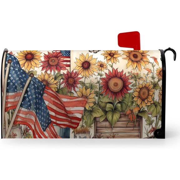 Patriotic Sunflower Mailbox Cover with American Flag Magnetic Floral Mailbox Wrap for Standard Size Mail Box Covers Waterproof Spring Summer Farmhouse Garden Decor USA Country 21x18 Inch