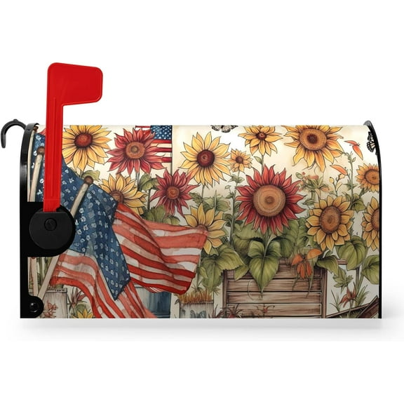 Patriotic Sunflower Mailbox Cover Summer USA Flag Magnetic Mailbox Covers Fall flowers Waterproof Mail Box Covers Autumn America Flag Post Wraps Letter Box Cover for Home Garden 18x21 Inch