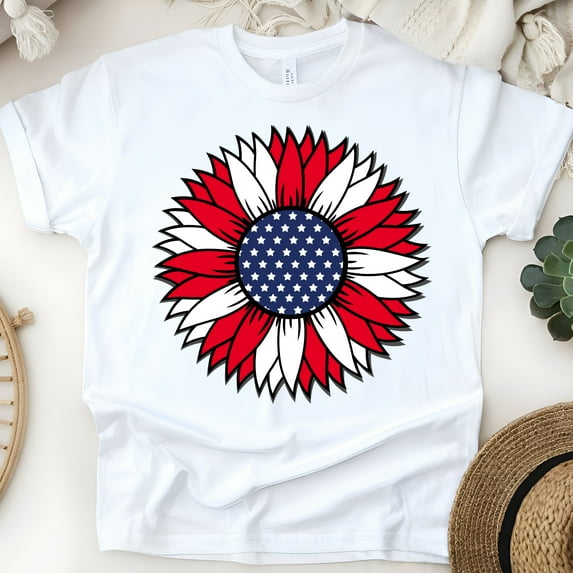 Patriotic Sunflower USA Flag T-Shirt, Red White Blue Graphic Tee, Unisex Fit, White, Size S