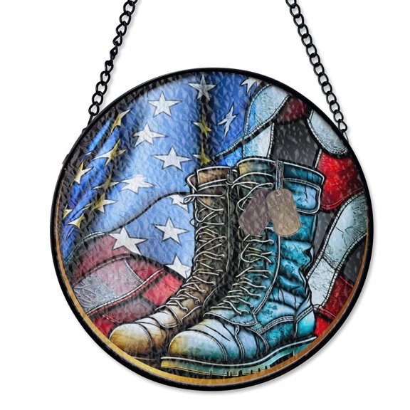 Patriotic Support Our Troops Flag Suncatcher Stained Glass Style UV Printed Glass Military Family Gift Round