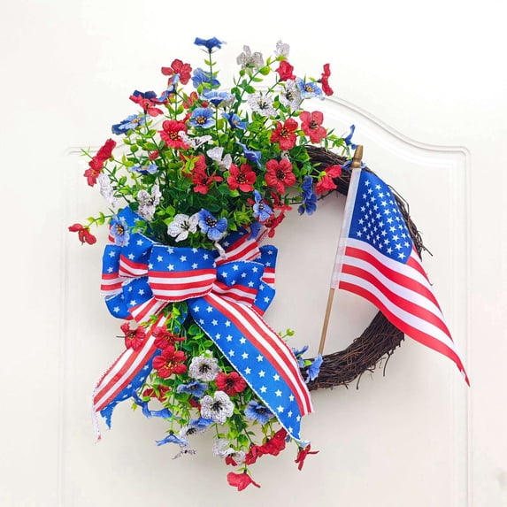 Patriotic Swag 4th of July Wreaths for Front Door, Independence Memorial Day Garland Wreath for Home Wall Decor American Flag Wreaths Holiday Decor Supplies Summer Hanging Porch