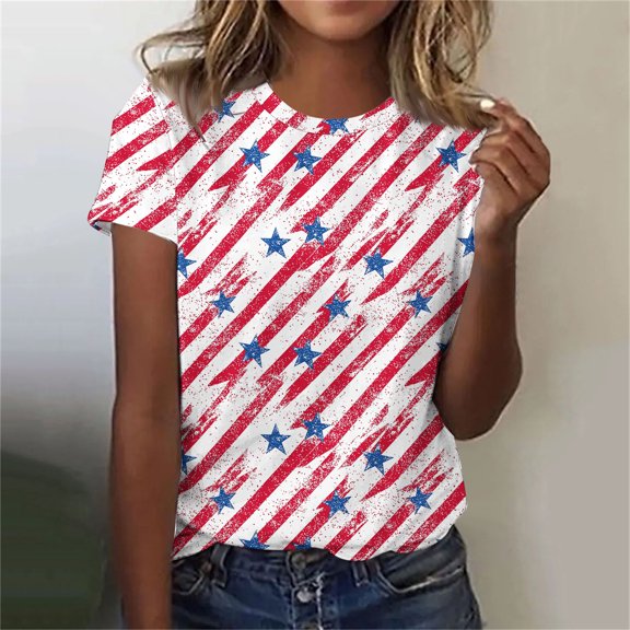 Patriotic T Shirt Women 4th of July Womens T Shirts 4th of July Womens Shirt Women Fourth of July Top Patriotic Tee Fashion Women's Summer Short Sleeve Print Short Sleeve Round Neck Blouses