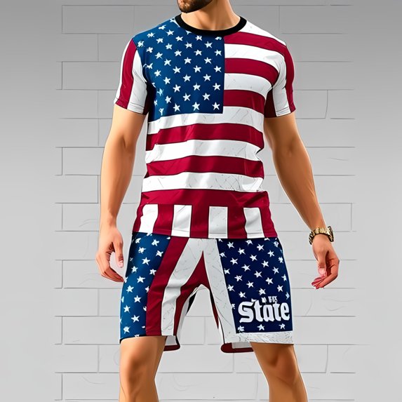 Patriotic T-Shirt and Shorts Set - Bold Red White & Blue Stripes with Stars - Sporty Summer Outfit for Casual Gatherings