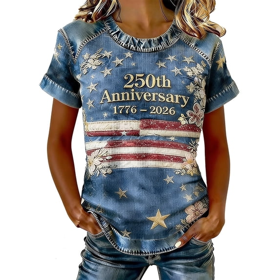 Patriotic T-Shirts for Women's Independence Day 4th of July Graphic Casual Printed Color Crewneck Short Sleeve T Shirt For Relaxed Fit Everyday Top Blue 2XL