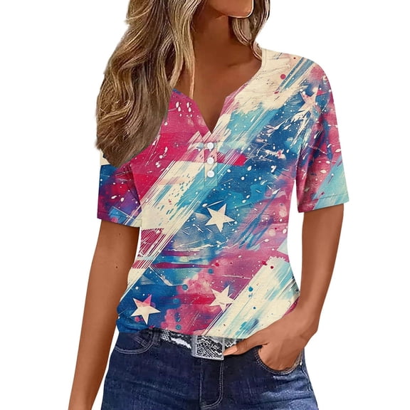 Patriotic T Shirts Womens 4Th of July Outfits Short Sleeve Henley V Neck Buttons Blouse American Flag Star Stripes Printed Funny Patriotic Graphic Tees Independence Day Dressy Clothes Summer Tops