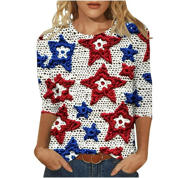 Patriotic T-Shirts for Womens Summer 4Th Of July Usa Flag Star Printed T Shirts Scooped Neck Tee 3/4 Length Sleeve Tops Independence Day Shirts Trends Lightweight Blouses Going Out Clothes