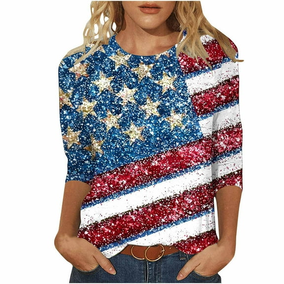Patriotic T-Shirts for Womens Summer 4Th Of July Usa Flag Star Printed T Shirts Scooped Neck Tee 3/4 Length Sleeve Tops Independence Day Shirts Trends Lightweight Blouses Going Out Clothes