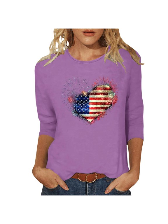 Patriotic T-shirts Women Plus Size USA Flag Printed 3/4 Sleeve 4th of July Tshirts Crewneck Summer Tops (4XL, Purple #A)
