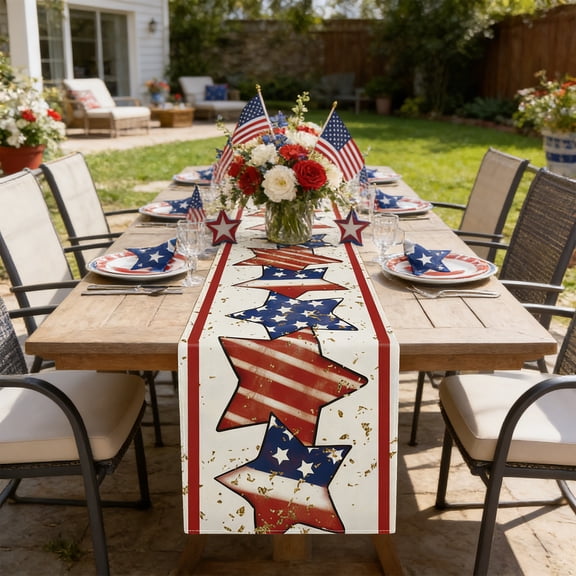 Patriotic Table Runners,Red/White/Blue Star Design,Holiday Kitchen & Dining Decor, July 4th Party Essentials,12.99×72.05 Inch