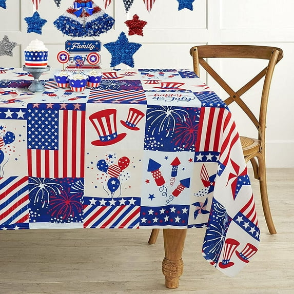 Patriotic Tablecloth 4th of July Decorations Checked Plaid Red White and Blue Print Patchwork Memorial Day Backed Table Cloth American Flag Indoor/Outdoor/Pool/Party(Oblong/Rectangle 60" × 120")