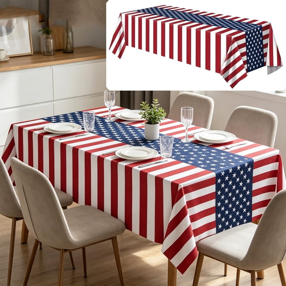 Patriotic Tablecloth 55x78.7 Inch Rectangular Flag Design Polyester Waterproof Reusable for Independence Day Veterans Day Theme Party Picnics Indoor Outdoor Decorations