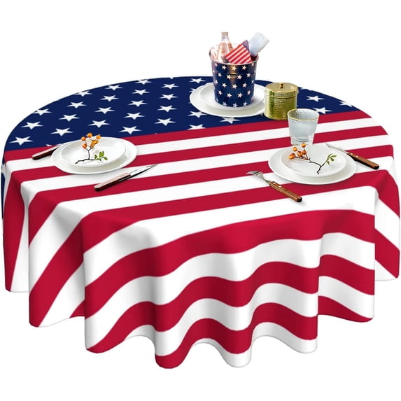 Patriotic Tablecloth American Flag Tablecloth Round Tablecloth 60 Inch Washable Table Cover Reused 4th of July Table Cloth for Home Holiday Dinner Picnic Outdoor Party Dining Room Table Decor