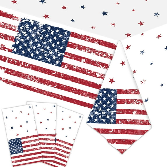 Patriotic Tablecloth for Party Supplies,4th of July Disposable Plastic Table Cover,54" X 108" Rectangular American Flag Tablecloths,Patriotic Themed Party Supplies for Outside,Picnic,Camping