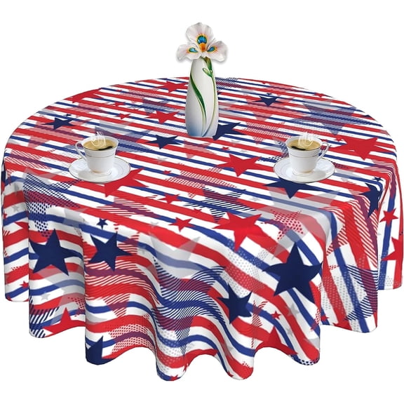 Patriotic Tablecloth Round 60 Inch 4th of July Tablecloth Red White Blue Striped Star Table Cloth Washable Table Cover for Home Kitchen Table Dining Decor