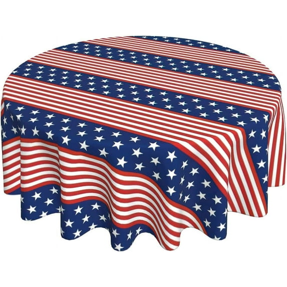 Patriotic Tablecloth Round 60 Inch Fourth of July Red White Blue Stars Tablecloths Washable Wrinkle Stain-Resistant Table Cloth Polyester Table Cover for Veterans Day Memorial Day