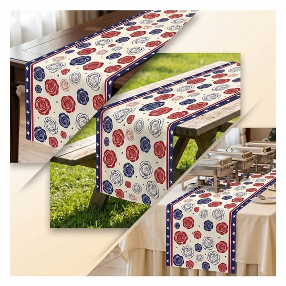 Patriotic Tablecloth And Table Runner Combo,72*13in,Wrinkle Resistant Festival Table Decor, Complete Dining Accessory,Red White Blue Star Pattern Linen Kit