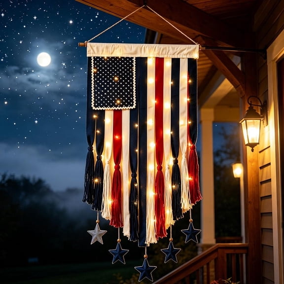 Patriotic Tassel Banner Lighted Rag Ribbon American Flag 4th of July Decoration Remote Control LED Wall Hanging Decor for Home Mantel 50x27 inch