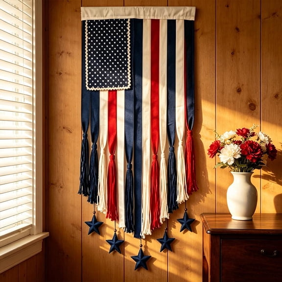 Patriotic Tassel Banner with Lights, 50" x 27" Red White Blue Star Decoration with Remote Control, 4th of July Indoor Outdoor Decor