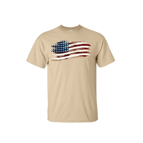 Patriotic Tattered American Flag Adult Short Sleeve T-Shirt-Tan-Small